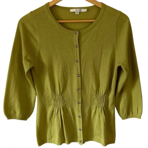 Y2K Boden Women's Chartreuse Lime Green Ruching Button Front 100% Wool Cardigan - Picture 1 of 7